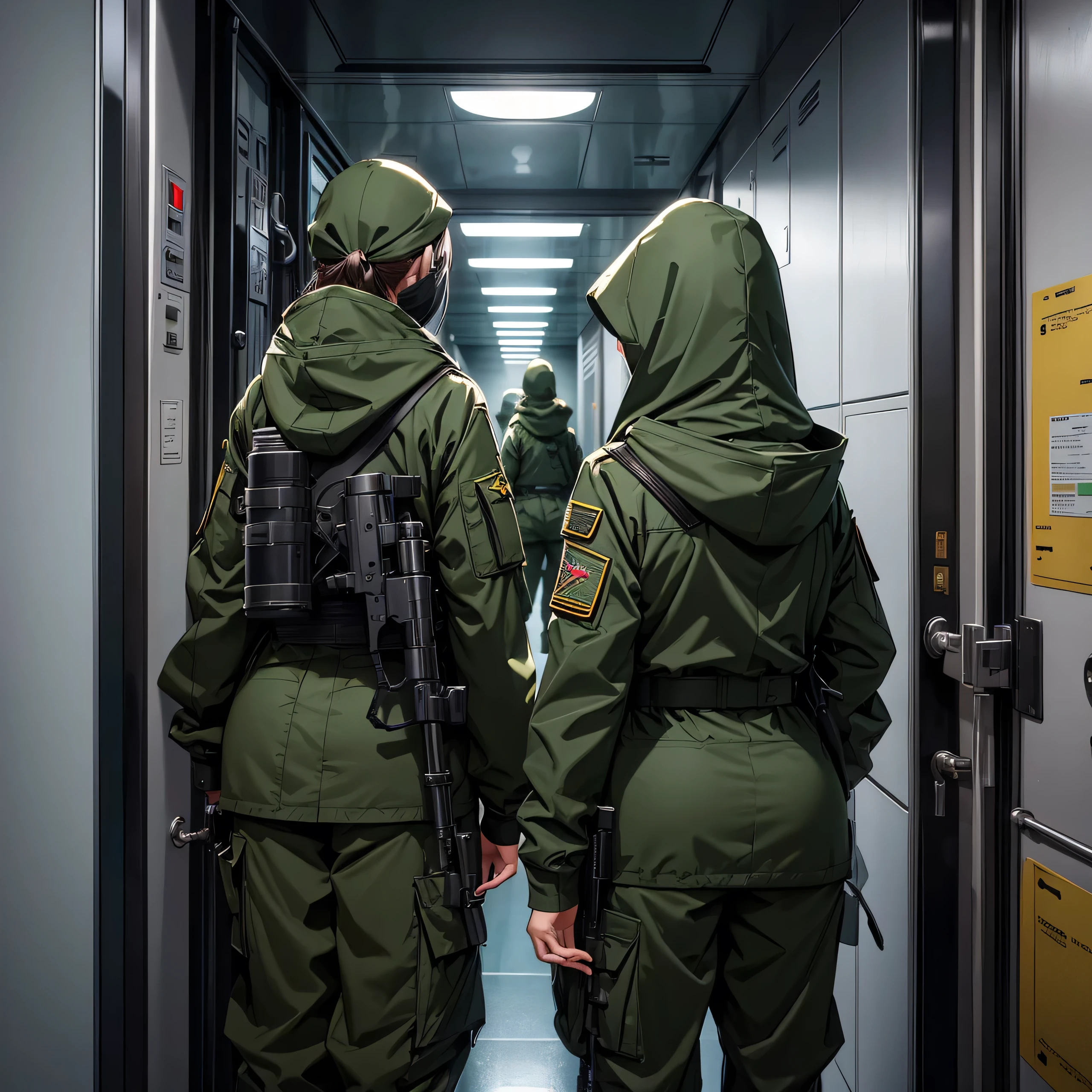 View from behind,Two female soldiers wearing dark green M-51 hooded military uniforms and hooded heads、Military Pants、Standing guard in front of the elevator、A lot of equipment、Best quality、Very detailed、8K