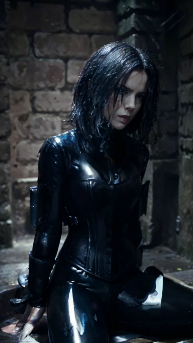 (masterpiece), best quality, expressive eyes, perfect face, underworld death dealer, underworld, Zipper, latex bodysuit, black hair, vampire fang, HD, sitting, leather corset, blue eyes, Kate beckinsale, British, gun, legs, wet, holster, leather boots, selfie, sweating slime, gloves, pink nipples, five fingers