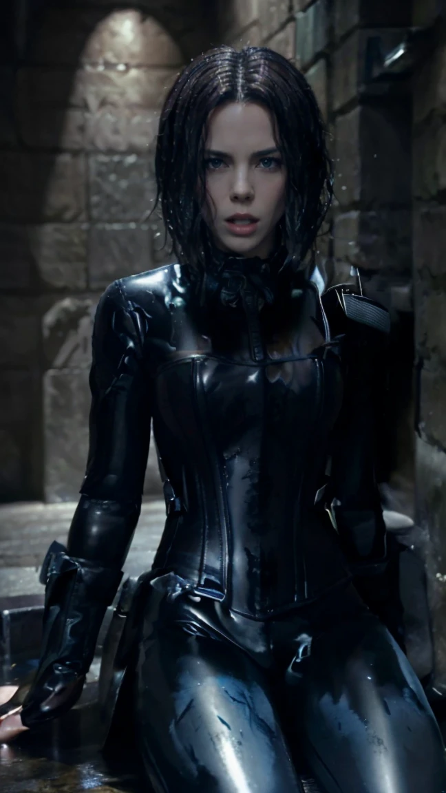 (masterpiece), best quality, expressive eyes, perfect face, underworld death dealer, underworld, Zipper, latex bodysuit, black hair, vampire fang, HD, sitting, leather corset, blue eyes, Kate beckinsale, British, gun, legs, wet, holster, leather boots, selfie, sweating slime, gloves, pink nipples, five fingers 