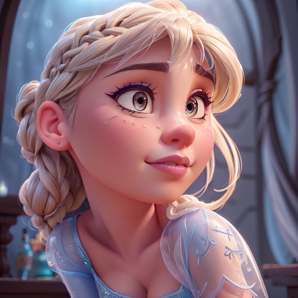 1girl, Elsa from Frozen, extremely detailed face and eyes, beautiful detailed lips, long eyelashes, large breasts, large butt, detailed clothing, underwear visible, provocative pose, photorealistic, 8k, high quality, highly detailed, cinematic lighting, intricate texture, complex shading, realistic skin, vivid colors
