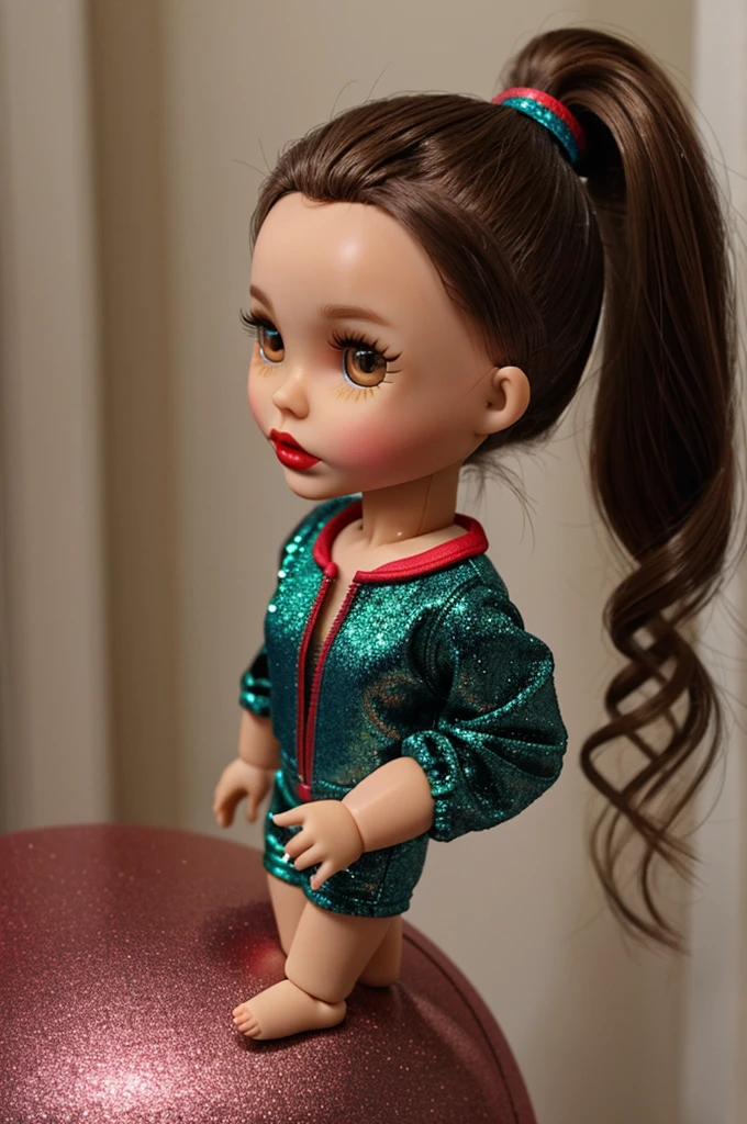Blythe doll with brown hair, ponytail with everything back, glitters in the eyes, red lipstick and gym suit