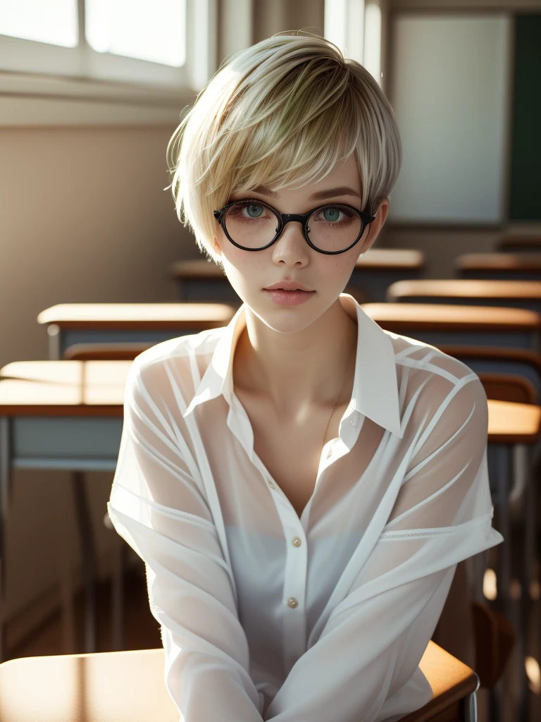 1girl, elegant bearing, small, slender build, short height, narrow shoulders, pale skin dotted by freckles, short platinum blonde hair, (((pixie cut hairstyle))), (((boyish hair))), (dark green eyes), silver glasses, cute facial features with an underlying elegance, thin lips, small breasts, youthful teen girl, RAW photo, ((slim body: 1)), (HQ skin: 1.4), 8k uhd, soft light, high quality, ((school uniform, white dress shirt, gold accents, (looking at viewer:1.4), classroom
