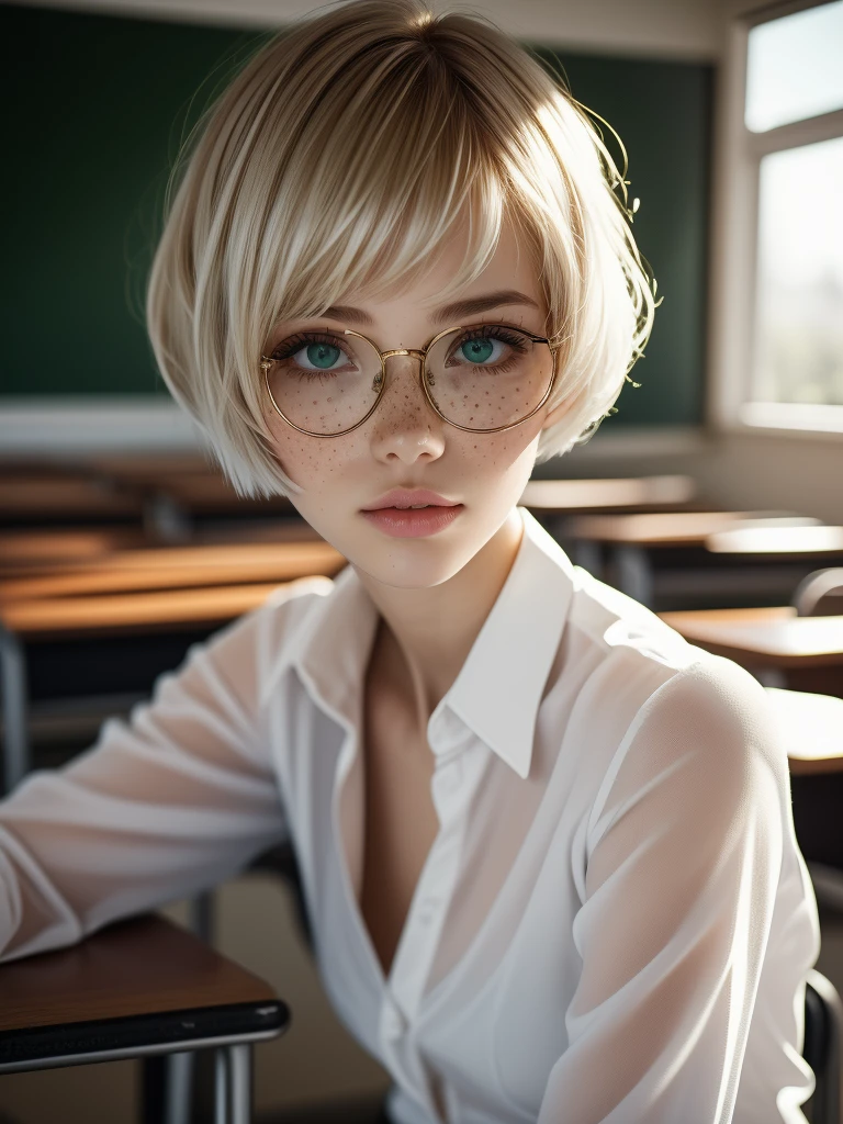 1girl, elegant bearing, small, slender build, short height, narrow shoulders, pale skin dotted by freckles, short platinum blonde hair, (((pixie cut hairstyle))), (((boyish hair))), (dark green eyes), silver glasses, cute facial features with an underlying elegance, thin lips, small breasts, youthful teen girl, RAW photo, ((slim body: 1)), (HQ skin: 1.4), 8k uhd, soft light, high quality, ((school uniform, white dress shirt, gold accents, (looking at viewer:1.4), classroom
