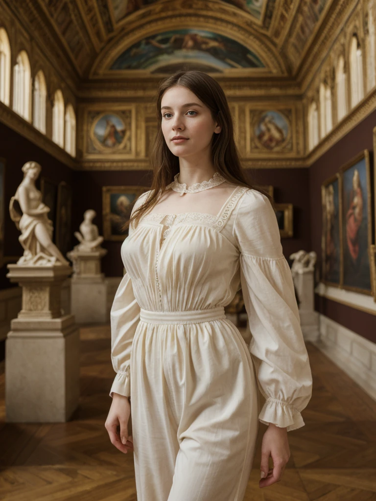 her name is Elle, high quality, 1girl, ((20-year-old fit Caucasian woman)), ((20 years old)), ((fit)), ((pale skin)), Beachy Waves dark hair , wearing Ivory Lace High-Neck Blouse + High-Waisted Wide-Leg Trousers, pose: standing, background: In the Uffizi Gallery, you move from room to room, each filled with Renaissance masterpieces. You find yourself captivated by Botticelli’s "The Birth of Venus." The soft whispers of other visitors and the scent of old varnish and polished wood fill the air, enhancing the gallery's historic charm.