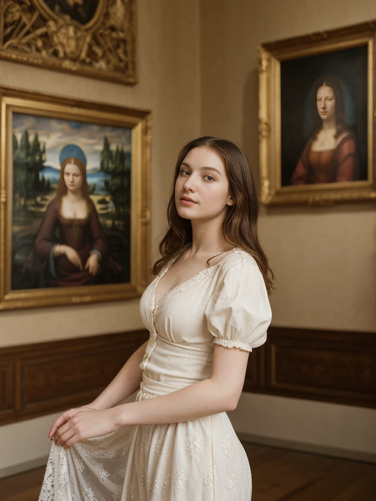 her name is Elle, high quality, 1girl, ((20-year-old fit Caucasian woman)), ((20 years old)), ((fit)), ((pale skin)), Beachy Waves dark hair , wearing Ivory Lace High-Neck Blouse + High-Waisted Wide-Leg Trousers, pose: standing, background: In the Uffizi Gallery, you move from room to room, each filled with Renaissance masterpieces. You find yourself captivated by Botticelli’s "The Birth of Venus." The soft whispers of other visitors and the scent of old varnish and polished wood fill the air, enhancing the gallery's historic charm.