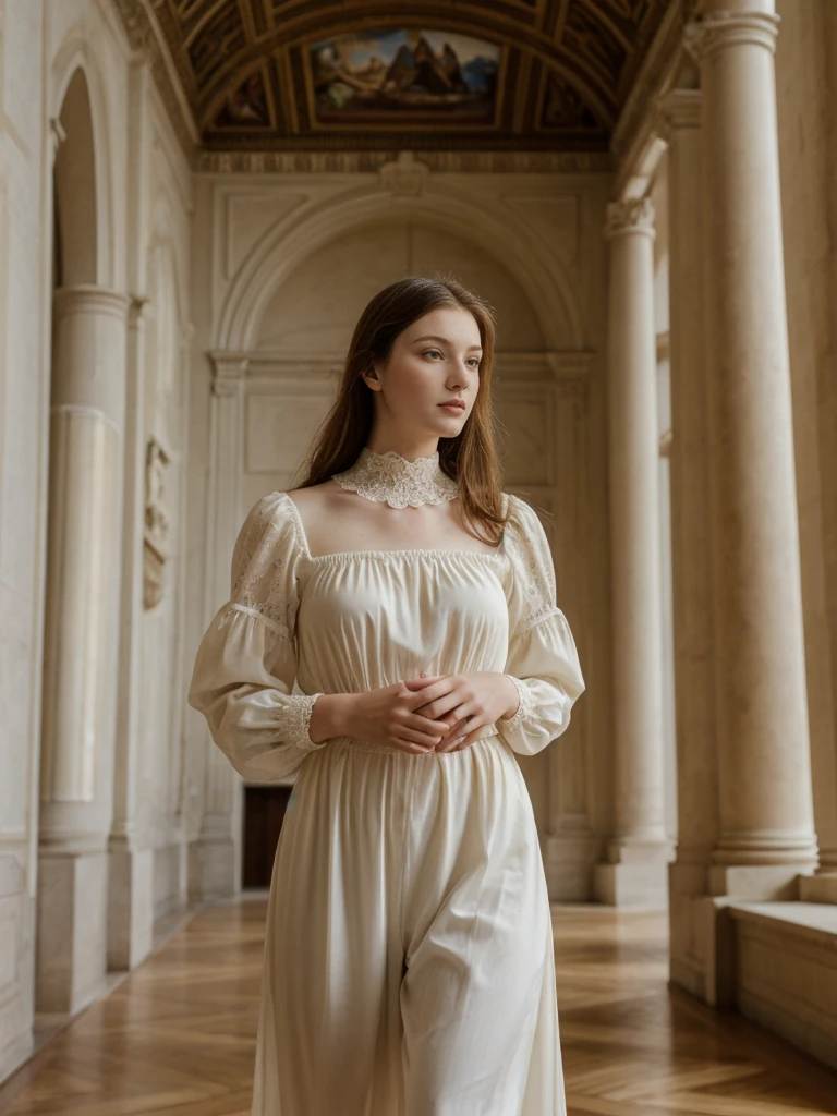 her name is Elle, high quality, 1girl, ((20-year-old fit Caucasian woman)), ((20 years old)), ((fit)), ((pale skin)), Beachy Waves dark hair , wearing Ivory Lace High-Neck Blouse + High-Waisted Wide-Leg Trousers, pose: standing, background: In the Uffizi Gallery, you move from room to room, each filled with Renaissance masterpieces. You find yourself captivated by Botticelli’s "The Birth of Venus." The soft whispers of other visitors and the scent of old varnish and polished wood fill the air, enhancing the gallery's historic charm.