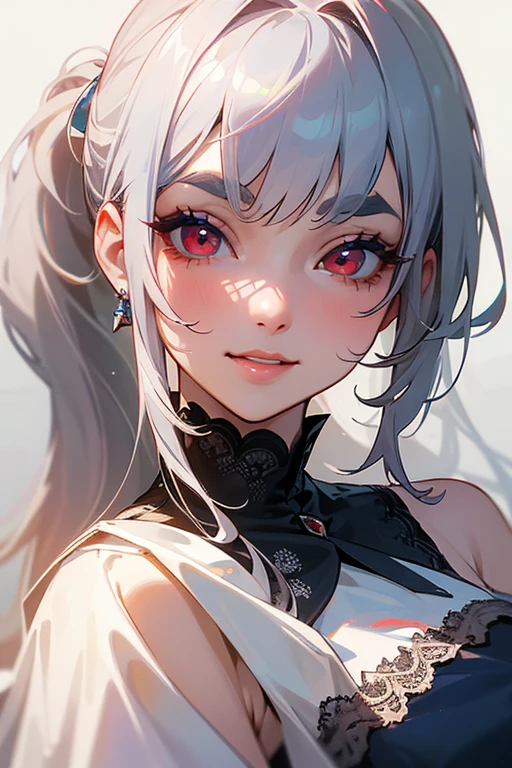 (Highest quality, masterpiece:1.2), (High resolution, 最高masterpiece).(difficult).Very detailed, Realistic:1.37, Fantasy, An illustration,Gray Hair、 Red eyes、Queen, Navy and blue dress、beautifully、Eyeshadow Red、Thick eyebrows、Long eyelashes、pupils are black、shiny on the lips、Top Sites、Queen、Princess、A kind smile、Show your teeth a little and smile、Soft impression、people々Loved by、Slimming the face、Shoulder Bare、ponytail、Kissing Face、Long white hair、Shaggy Bangs、Save face image、Lace Underwear、sexy、