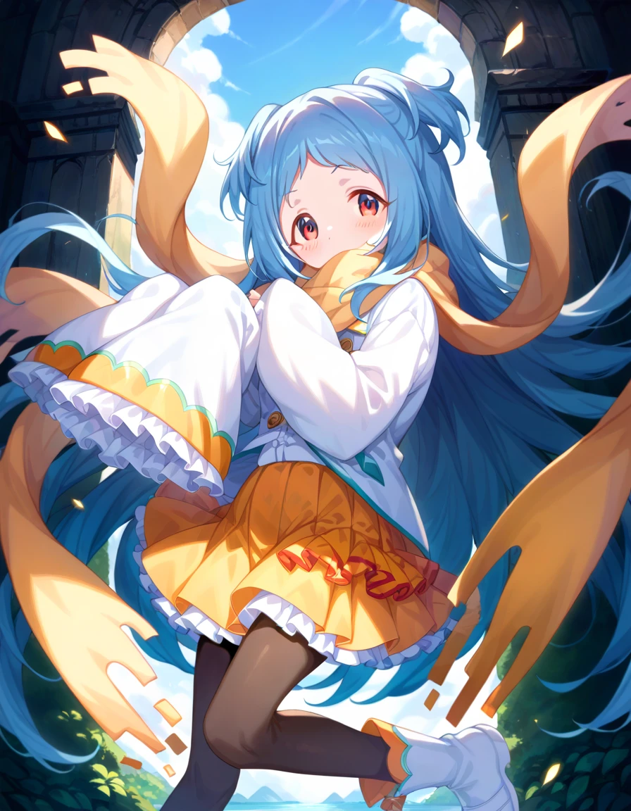 miyako \(princess connect!\), very long hair, blue hair, two side up, parted bangs, red eyes, eyebrows visible through hair, white jacket, white shirt, wide sleeves, long sleeves, sleeves past wrists, sleeves past fingers, frilled sleeves, brown scarf, yellow scarf, pleated skirt, orange skirt, yellow skirt, frilled skirt, layered skirt, miniskirt, pantyhose, black legwear, boots, white footwear