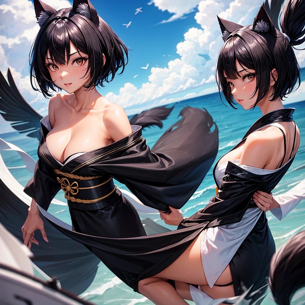 One mature woman, tanned skin, black cat ear, black cat tail, black bob hair, black eyes!!!, sexy white kimono. (Flying on sky)