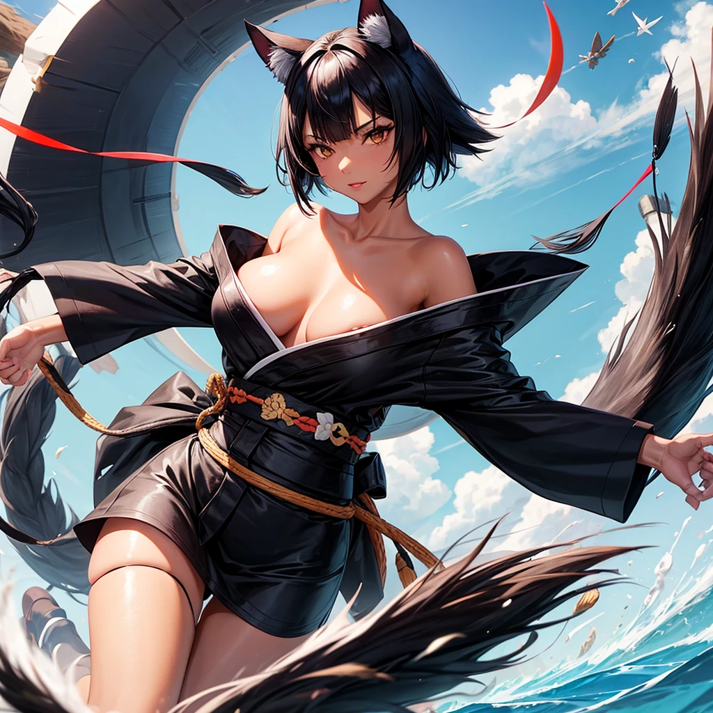 One mature woman, tanned skin, black cat ear, black cat tail, black bob hair, black eyes!!!, sexy white kimono. (Flying on sky)