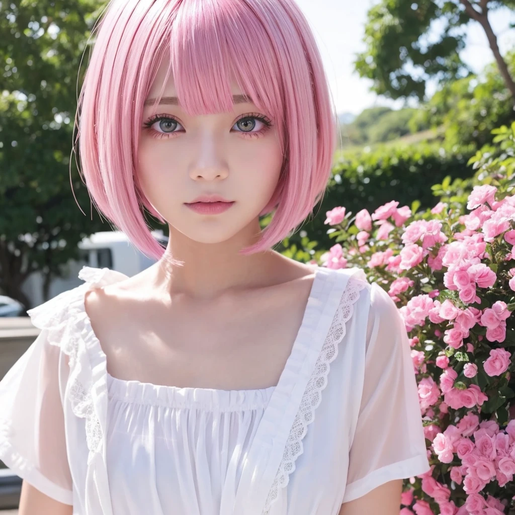 Pink hair bob cut with white highlights、Pink Eyes、White clothes
