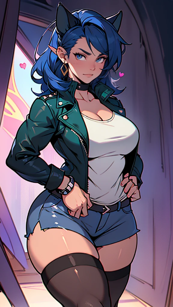 (beautiful and clear background:1.2), high detailed eyes , underwear, lace, latex, Pink, Purple, mint, Blue, Yellow, lavender hair, body piercings, Loving, Love, ultra detail hair, Masterpiece, Best Quality, hiquality, hight resolution, detail enhancement, ((most beautiful image in the world)), Masterpiece, Best Quality, hiquality, hight resolution, detail enhancement, ((most beautiful image ), art by stjepan sejic, art by j scott campbell, Artist Guillem March, art by citemer liu, 4k, hight resolution,high quality detailed, style of ::2.0 comix illustration style,hiquality, hight resolution, detail enhancement, 8K, HD, Best Quality, hiquality, hight resolution, detail enhancement, 8K, HDR, sharp-focus, Ultra Detailed, perfect lighting, Curvy Body, Lush breasts, Curvy hips, rock, rock star, Cool,black leather jacket , style of, spikes, Cat's ears, Cool bracelets, Choker, Short shorts, fishnet pantyhose, Heart Print, Heart,
