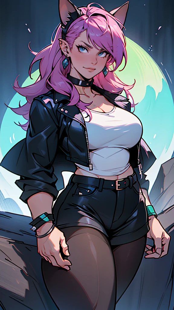 (beautiful and clear background:1.2), high detailed eyes , underwear, lace, latex, Pink, Purple, mint, Blue, Yellow, lavender hair, body piercings, Loving, Love, ultra detail hair, Masterpiece, Best Quality, hiquality, hight resolution, detail enhancement, ((most beautiful image in the world)), Masterpiece, Best Quality, hiquality, hight resolution, detail enhancement, ((most beautiful image ), art by stjepan sejic, art by j scott campbell, Artist Guillem March, art by citemer liu, 4k, hight resolution,high quality detailed, style of ::2.0 comix illustration style,hiquality, hight resolution, detail enhancement, 8K, HD, Best Quality, hiquality, hight resolution, detail enhancement, 8K, HDR, sharp-focus, Ultra Detailed, perfect lighting, Curvy Body, Lush breasts, Curvy hips, rock, rock star, Cool,black leather jacket , style of, spikes, Cat's ears, Cool bracelets, Choker, Short shorts, fishnet pantyhose, Heart Print, Heart,