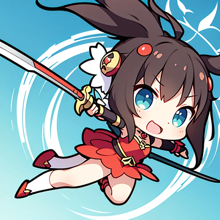Chibi girl, Dynamic pose, holding sword, fantasy background