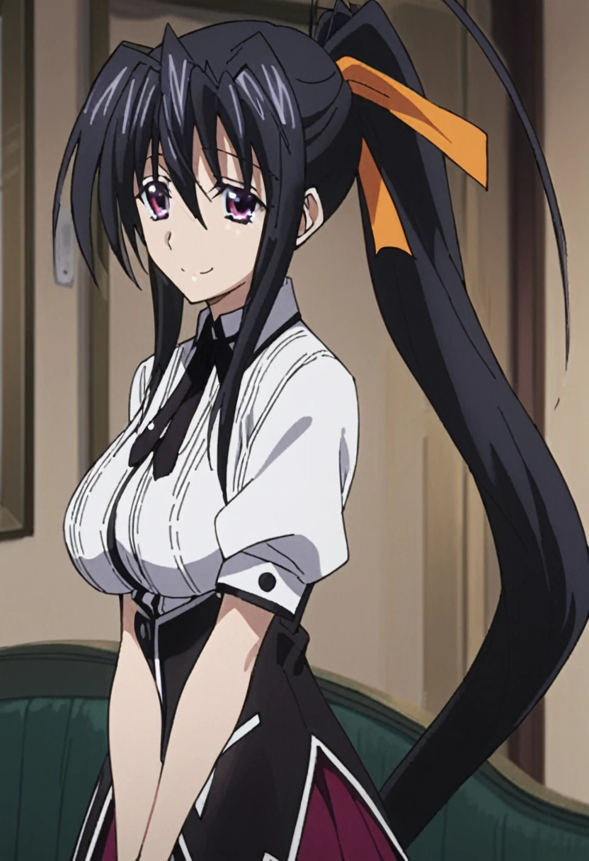 sysdeep_akeno, 1girl, solo, long_hair, looking_at_viewer, smile, large_breasts, shirt, black_hair, ribbon, hair_between_eyes, very_long_hair, school_uniform, purple_eyes, hair_ribbon, white_shirt, ponytail, short_sleeves, indoors, neck_ribbon, high_ponytail, v_arms, orange_ribbon,  