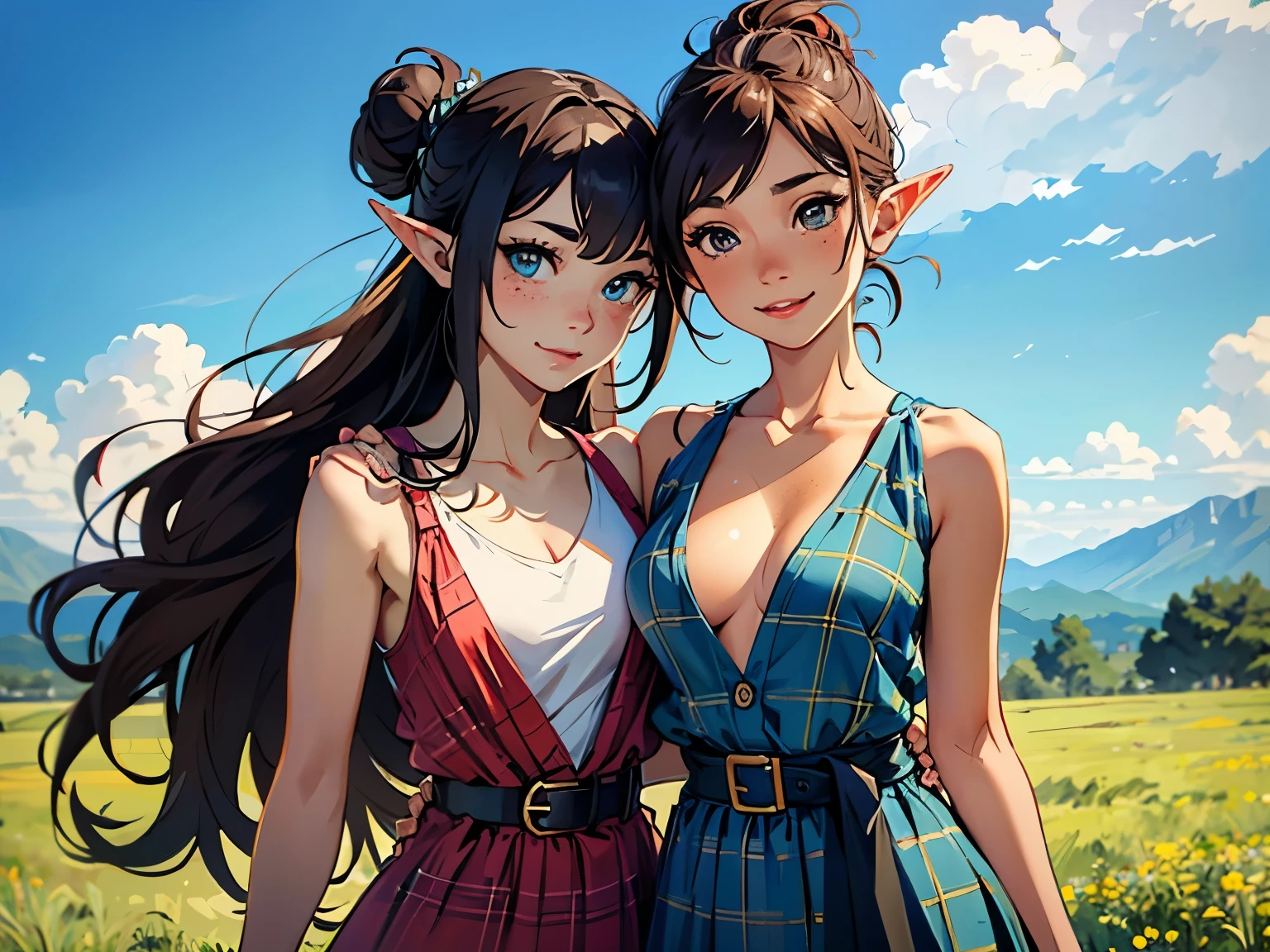 BREAK: masterpiece, high quality, illustration, extremely detailed, cg unity 8k, NSFW, 2_woman, hugging, (upper body) (Caucasian skin_complexion:1.4), mature, statuesque, beautiful, exotic, ((freckles)), with long elf ears, smiling, (((looking away from viewer))), medium breast, wearing (((long) blue plaid dress)), blue plaid sash, white tank top, wearing backpack, cleavage, ((thigh gap)), bare_shoulders, (red hair), (((long ponytail))), detailed face having ((blue eyes), dark_eyeliner, long_eyelashes), BREAK:((summer: 1.4)), 2_women, (upper body) (tan exotic skin_complexion:1.4), mature, statuesque, beautiful, exotic, with long elf ears, smiling, (((looking away from viewer))), ((eyes looking away from camera)), hugging, medium breast, thigh gap, white backless halter top dress, ((green sash belt)), bare_shoulders, (((long brown hair))), ((twin hair buns)), detailed face having (((hazel eyes)), dark_eyeliner, long_eyelashes), BREAK: outside on grassy hill, mountains in the distance,