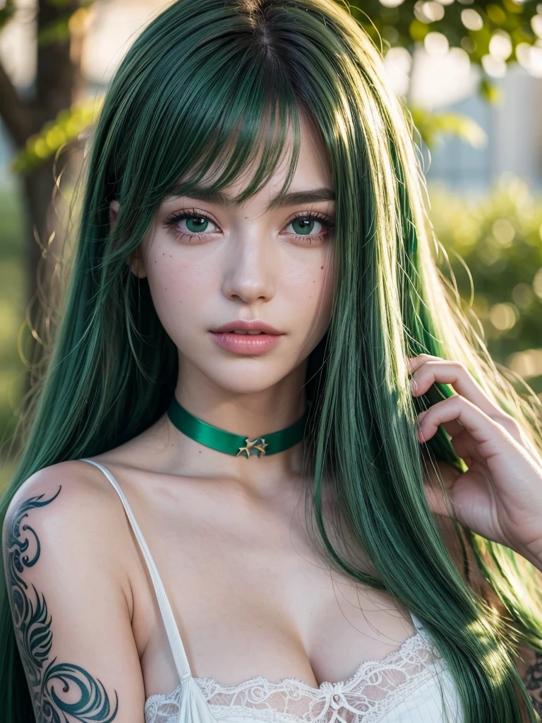 1girl, alone, solitary, high quality, (best quality,4k,8k,highres,masterpiece:1.2),ultra-detailed,(realistic,photorealistic,photo-realistic:1.37),gorgeous hair,red hair,red long curly hair with bangs,sharp eyes,mole under the eye,plump lips,jewelry,(high detailed skin:1.4),(rim lighting:1.3),(lit:1.3),(sunny day:1.3),portrait,beautiful lips,waist-length hair,seductive gaze,moles,casual clothes,colorful clothing,close up,super long hair,choker necklace,tattoos,tattooed,light eyes,bangs,fringe,20 year old,dimples on the cheeks,dimples,emerald green hair,sharp eyebrows,greenhair,green,emerald green hair,bright green hair,lace,elegant