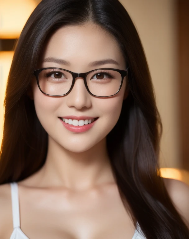 (realistic、masterpiece、Best Quality、8K、highres、high resolution:1.3)、1 glasses girl、smile, Huge breasts、white bikini、pale white skin、looking at viewers、super fine face and eyes、long hair、indoor、 upper body、