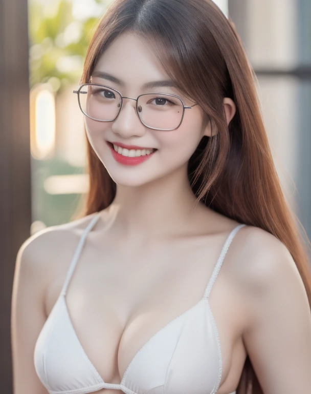 (realistic、masterpiece、Best Quality、8K、highres、high resolution:1.3)、1 glasses girl、Huge breasts、smile, white bikini、pale white skin、looking at viewers、super fine face and eyes、long hair、indoor、 upper body、
