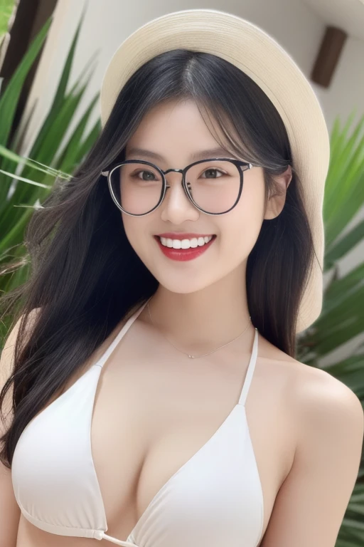 (realistic、masterpiece、Best Quality、8K、highres、high resolution:1.3)、1 glasses girl、Huge breasts、smile, white bikini、pale white skin、looking at viewers、super fine face and eyes、long hair、indoor、 upper body、
