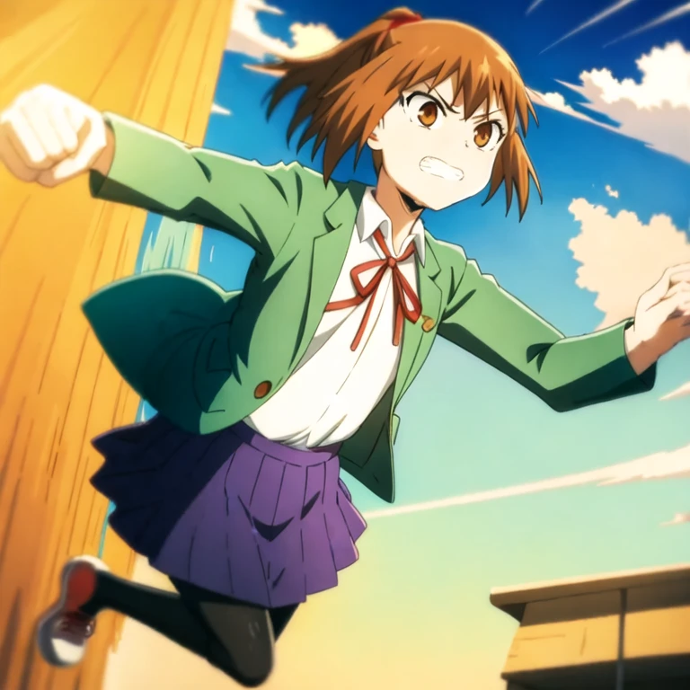 (masterpiece, best quality:1.2), samidare asahina,1girl, angry, beach, black legwear, blue skirt, brown eyes, brown hair, clenched hands, clenched teeth, jacket, long sleeves, neck ribbon, ocean, orange sky, outdoors, pantyhose, parody, ponytail, punching, red ribbon, ribbon, running, school uniform, shirt, short hair, skirt, solo, sunset, teeth, white shirt, yellow background, yellow sky