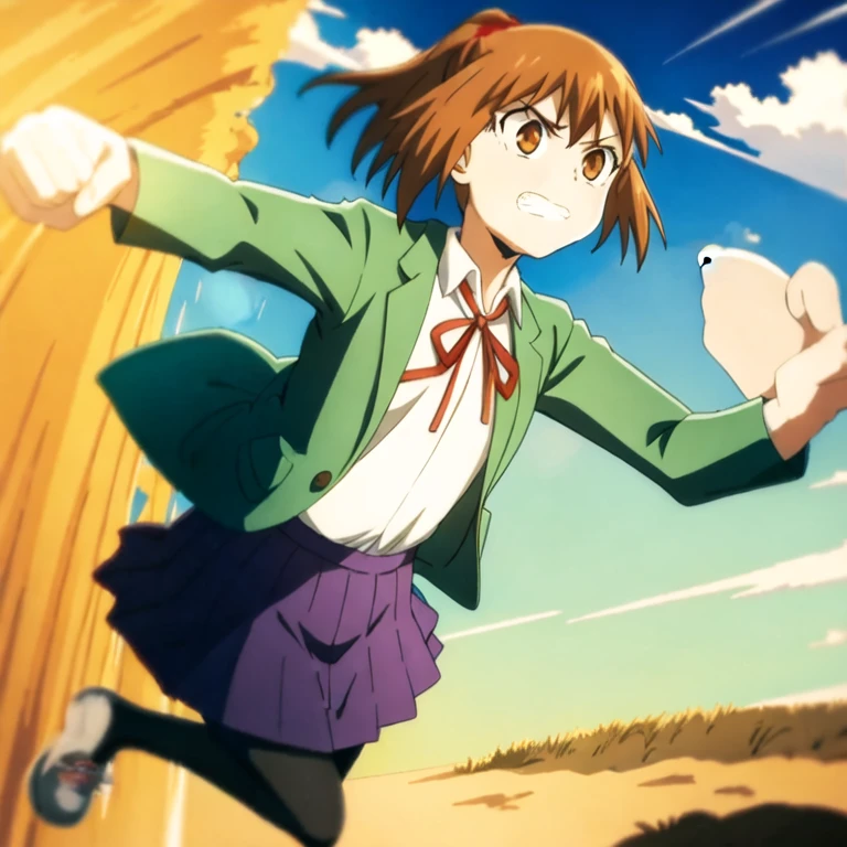 (masterpiece, best quality:1.2), samidare asahina,1girl, angry, beach, black legwear, blue skirt, brown eyes, brown hair, clenched hands, clenched teeth, jacket, long sleeves, neck ribbon, ocean, orange sky, outdoors, pantyhose, parody, ponytail, punching, red ribbon, ribbon, running, school uniform, shirt, short hair, skirt, solo, sunset, teeth, white shirt, yellow background, yellow sky