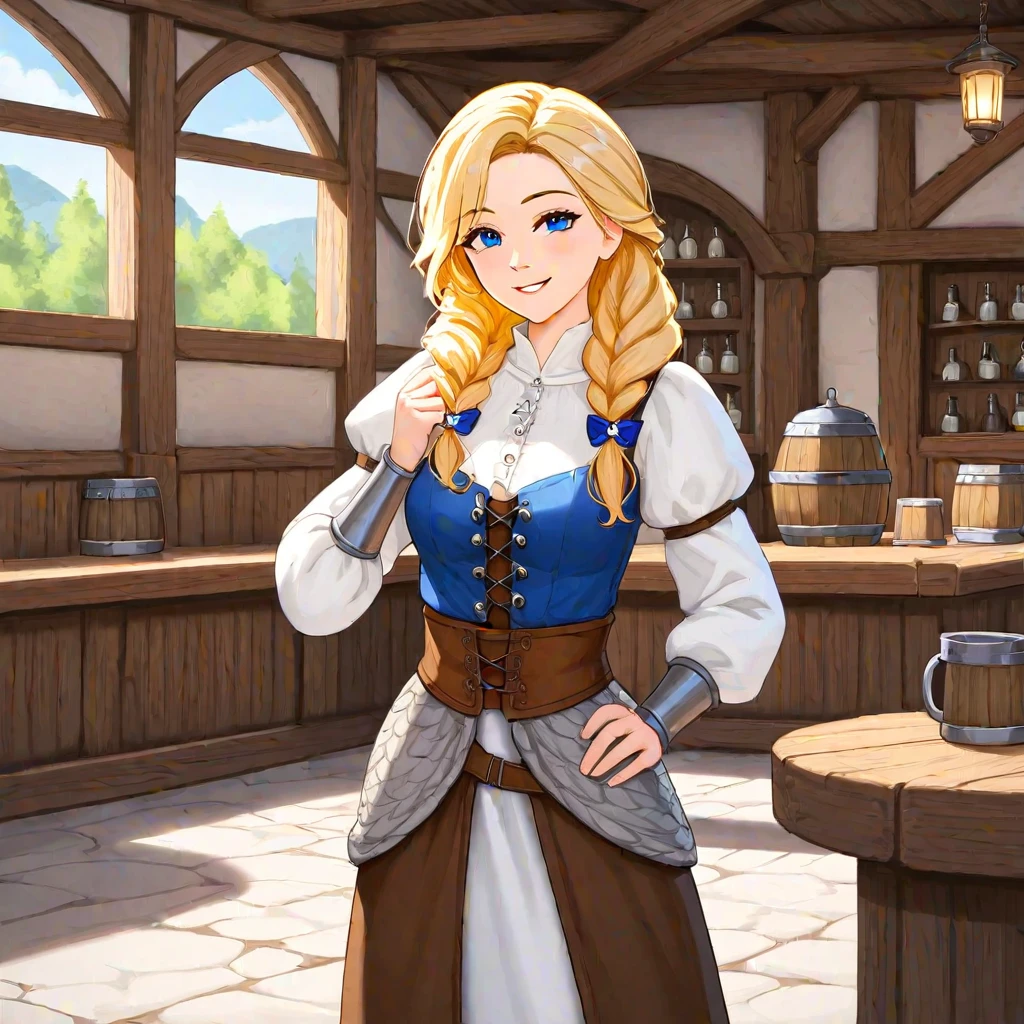 (masterpiece, best quality:1.2), 1girl, solo, Kat, blue eyes, blonde hair, standing, indoors, in a tavern, wearing medieval clothing, :3, smiling