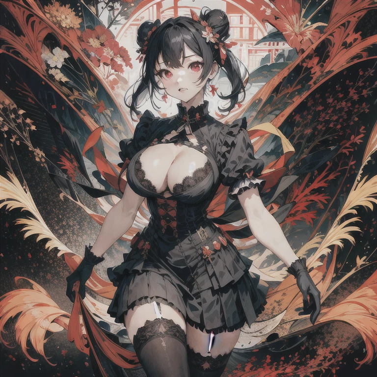 (masterpiece, best quality:1.2), 1girl,architecture,bangs,black dress,black footwear,black gloves,black hair,black legwear,breasts,building,city,cleavage,cleavage cutout,double bun,dress,frills,full body,gloves,hair bun,looking at viewer,medium breasts,petals,red eyes,sangvis ferri,short dress,short hair,short sleeves,skyscraper,smile,solo,stairs,standing,thighhighs
