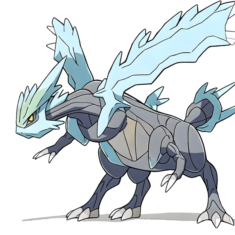 (masterpiece, best quality:1.2),solo,kyurem \(pokemon\),pokemon \(creature\),full body,no humans,dragon,yellow eyes,claws,spikes,looking at viewer,mecha,sharp teeth,standing,horns
