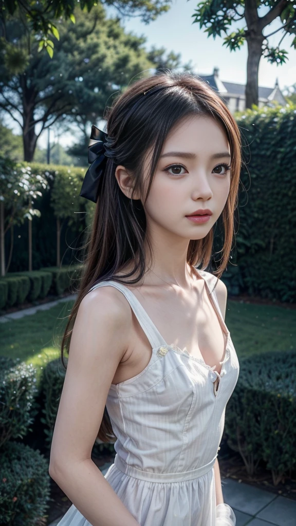 ((Number one in the underworld, beautiful girl)), :1.3, Slender body line, Small and slender figure, The spacious garden of the mansion, ((Welcoming everyone, Alignment, Bow your head)), Walk gracefully, (Perfect Anatomy:1.3), (Detailed eyes and face:1.3, Professional photography techniques, Cinema Lighting), (Highest quality, 8K, masterpiece:1.2, RAW Photos), (Reality:1.37), Ultra-detailed, Serious expression, The world view of justice, Up and down society, Outrage