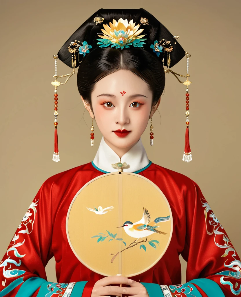 Chinese classical girl portrait,symmetry,Round Face,Bright Eyes,Smooth skin,Chinese Song Dynasty official uniform,egotistical,Holding a Chinese fan,Clean background