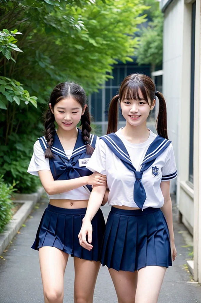 2 girls walking in sunny school corridor,wet navy blue school swimsuit with camisole white straps and white trim,18-year-old,bangs,a little smile,thighs,knees,wet short hair with low pigtails bunches,from beside,front light,BREAK,sailor shirt and navy blue pleated skirt