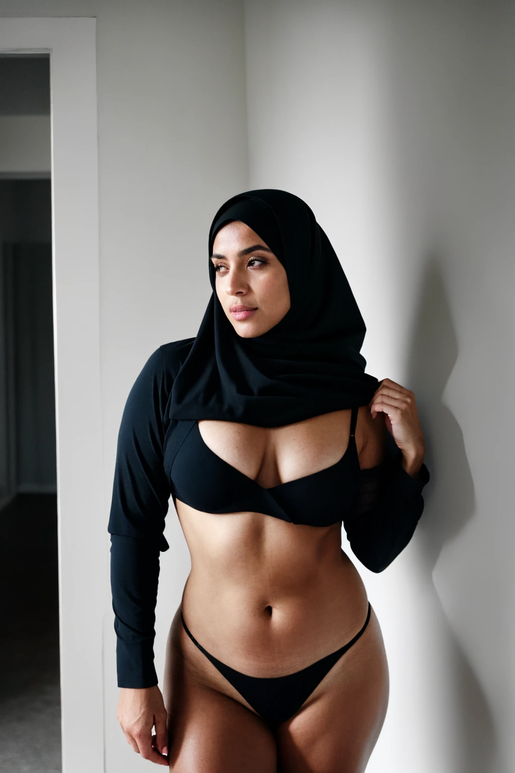 RAW photo,dark,moody,hazy atmosphere,35mm focal lenght,underexposed,cold,candid photograph,artistic,full body,photo of a beautiful,influencer,30yo Arab woman,hijab,detailed skin,fully naked,looking at viewer, thick body structure,grey background,no background, candid pose,dim room,blue light, film grain, kodak color, instagram LUT