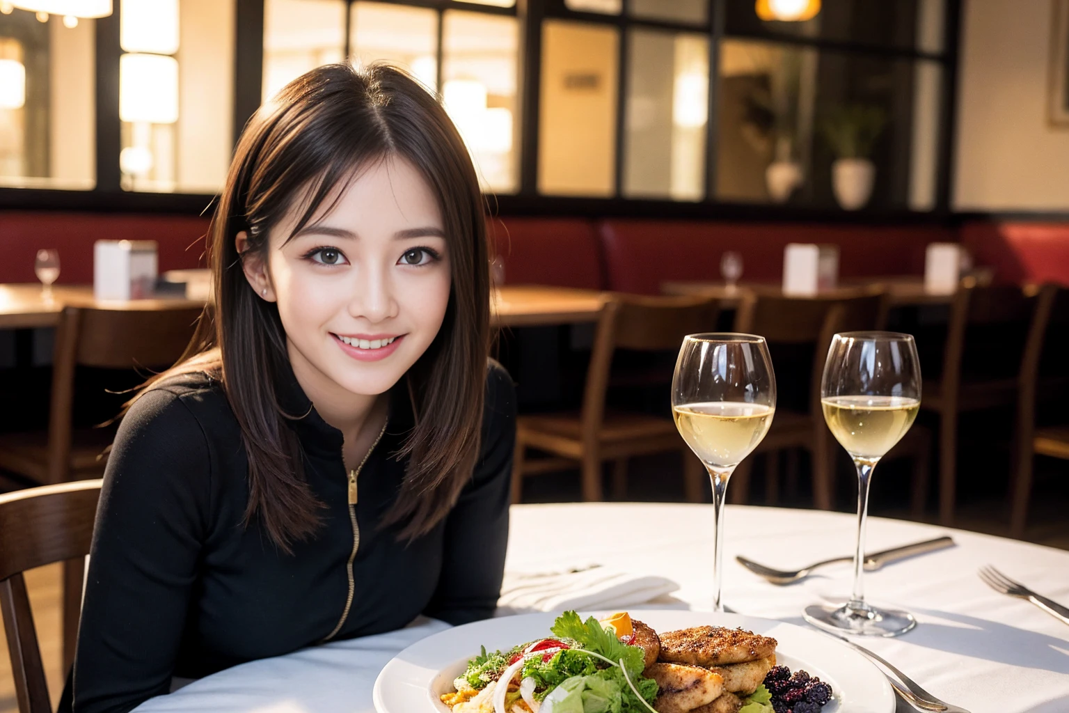 ((Highest quality、8K、masterpiece:1.3))、1 male、1 woman who resembles Satomi Ishihara、Couple、spouse、Couple、The body is slim、((Bob Hale、Straight hair:1.2)), (Realistic, Intricate details:1.2), テーブルの上のwine glass、Shine light on your face、 Amazing view of the sunset sky and clouds、Amazing mountain views、A bright smile、The wonderfulness of smile、Bright image、The beauty of wine, Beautiful Face, blue eyes, The light shines on your face, Blushing, short hair,Bright Face、 (42 years old), 39 years old, red wine 、Appetizers、Italian food、Wine bottle、Champagne、sparkling wine、Two beauties、Brown Hair、Shortcuts、Long sleeve shirt、dress、Beautiful woman 1, (slimな顔), (The body is slim), (Brown Hair), (Shortcuts), cheeks turn a little red,Attractive beauty、restaurant, In a prominent place (From the waist up) Nova Frog Style, actress, model, Upper Body, White wine, slim, wine glass, 中央に置かれたwine glass, smile, (smile: 1.15), Beautiful fine grain, Depth f/2,saturation, High Contrast, Strong light and shadow,Moist Body:1.5、3D texture、Delicate eyes、Brown Hair、The hair is very shiny、