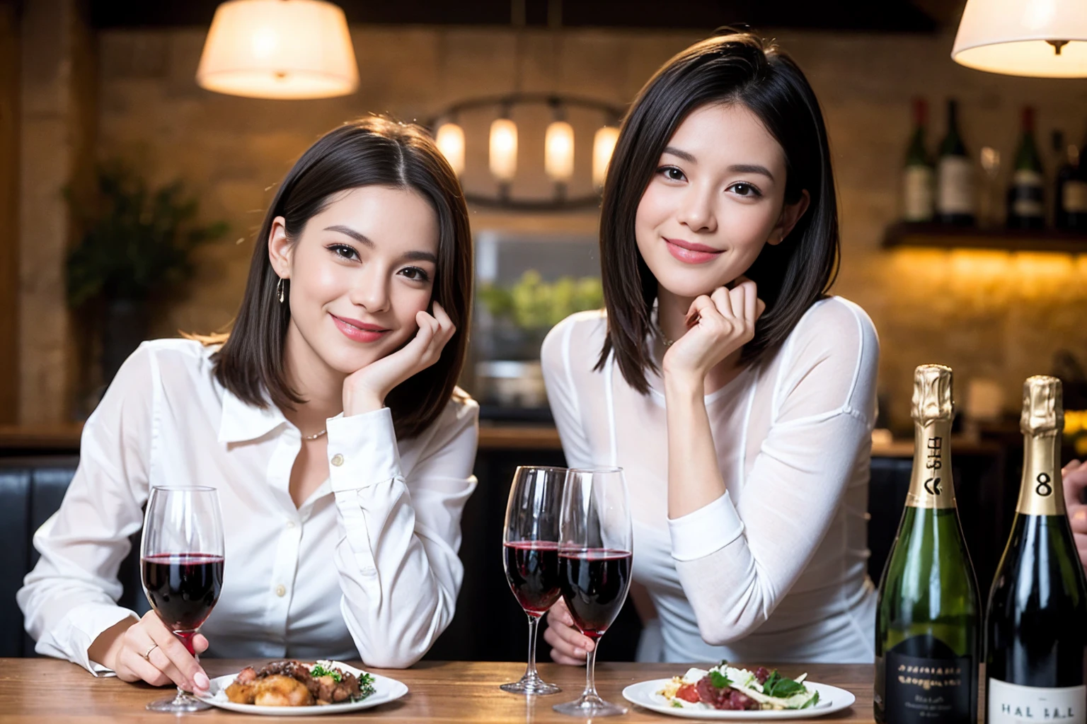 ((Highest quality、8K、masterpiece:1.3))、1 male 1 female、Slim lover、Beautiful couple、Smile、full-course dinner、 (Slim face), (the body is スリム), (Brown Hair), (Shortcuts), ((Bob Hale、Straight hair:1.2)), テーブルの上のwine glass、Shine light on your face、 Amazing view of the sunset sky and clouds、The beauty of a smile、Bright image、Blushing, Shortcuts, (Age 35), 39 years old, Appetizers、Italian food、Wine bottle、Champagne、sparkling wine、Long sleeve shirt、dress、Attractive beauty、restaurant, Nova Frog Style, actress, model, Upper Body, White wine, red wine, wine glass,