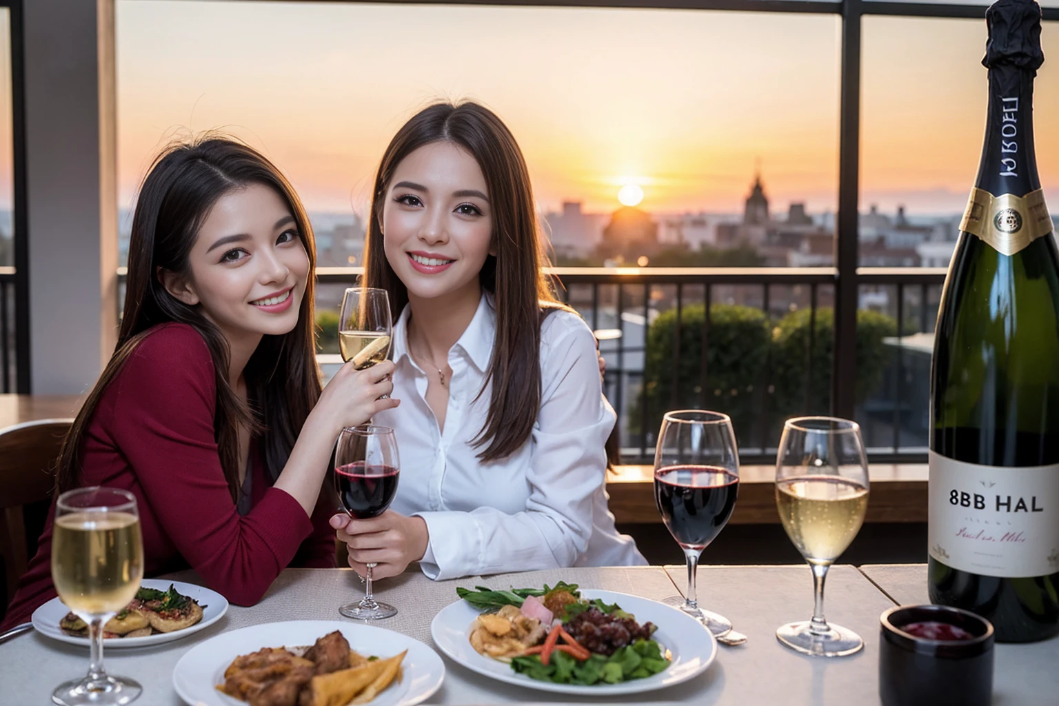 ((Highest quality、8K、masterpiece:1.3))、1 male 1 female、Slim lover、Beautiful couple、Smile、full-course dinner、 (Slim face), (the body is スリム), (Brown Hair), (Shortcuts), ((Bob Hale、Straight hair:1.2)), テーブルの上のwine glass、Shine light on your face、 Amazing view of the sunset sky and clouds、The beauty of a smile、Bright image、Blushing, Shortcuts, (Age 35), 39 years old, Appetizers、Italian food、Wine bottle、Champagne、sparkling wine、Long sleeve shirt、dress、Attractive beauty、restaurant, Nova Frog Style, actress, model, Upper Body, White wine, red wine, wine glass,