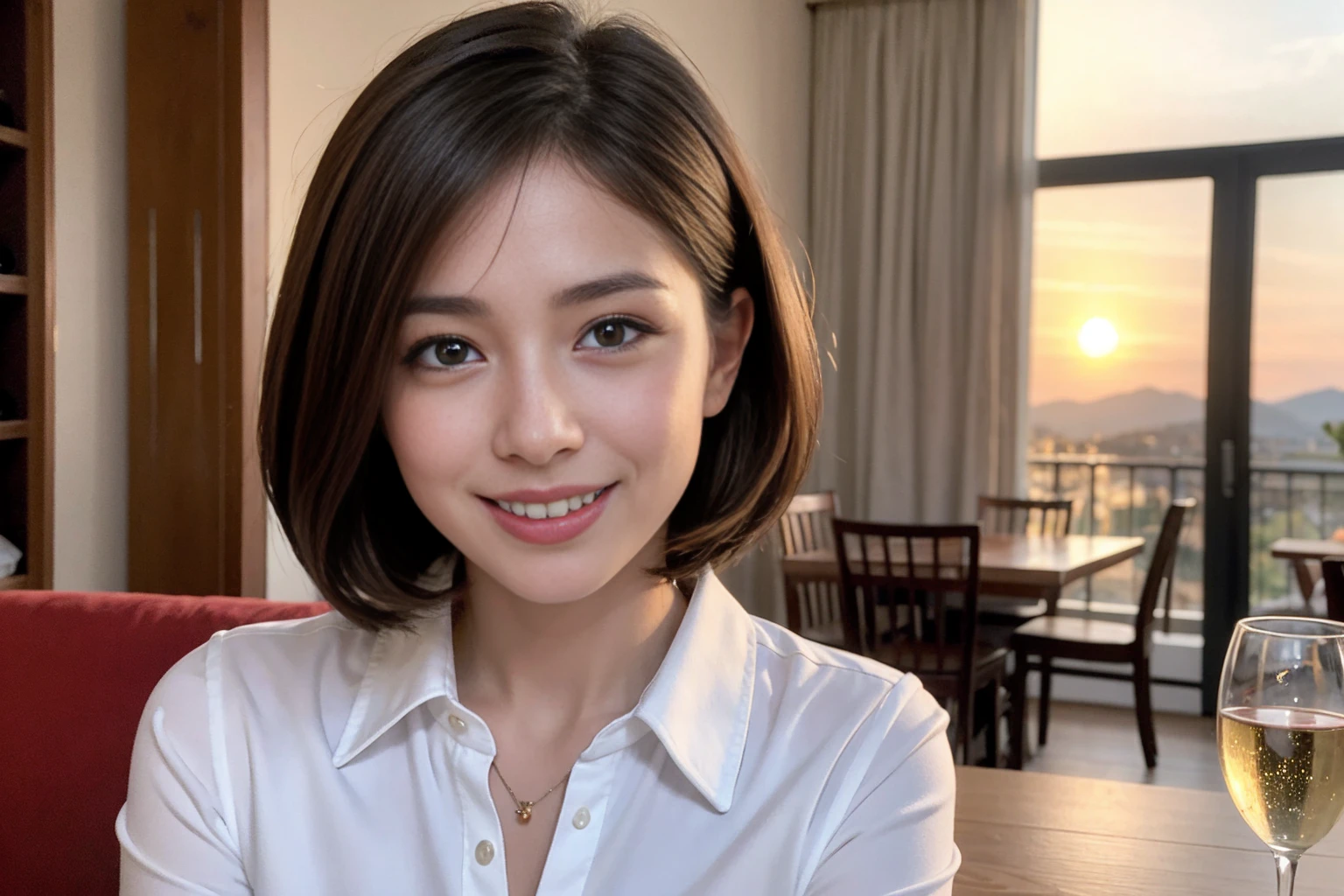 ((Highest quality、8K、masterpiece:1.3))、Sharp focus:1.2、Beautiful woman perfect body:1.4、Lovers、Beautiful couple、slimなボディ、((Bob Hale、Straight hair:1.2))、(to be born, Highest quality, masterpiece:1.5), (Realistic, Intricate details:1.2), テーブルにwine glass、Shine light on your face、 Amazing view of the sunset sky and clouds、Amazing mountain views、ニコニコ明るいsmile、smileの素敵な女性、Bright image、2. The beauty of wine, Beautiful Face, blue eyes, The light shines on your face, Blushing, short hair,Bright Face、Fox face、 years old), 39 years old, Lady、red wine 、Appetizers、Italian food、Wine bottle、Champagne、sparkling wine、Two beauties、Brown Hair、Shortcuts、Long sleeve shirt、dress、Beautiful woman 1, (slimな顔), (The body is slim), (Brown Hair), (Shortcuts), cheeks turn a little red,Attractive beauty、, Out of the window, Beautiful and detailed night view.........., restaurant, In a prominent place (From the waist up) Nova Frog Style, actress, model, Upper Body, White wine, slim, wine glass, 真ん中に置かれたwine glass, smile, (smile: 1.15), Beautiful fine grain, Depth f/2,saturation, High Contrast, Strong light and shadow,Moist Body:1.5、 texture、Delicate eyes、Brown Hair、The hair is very shiny、