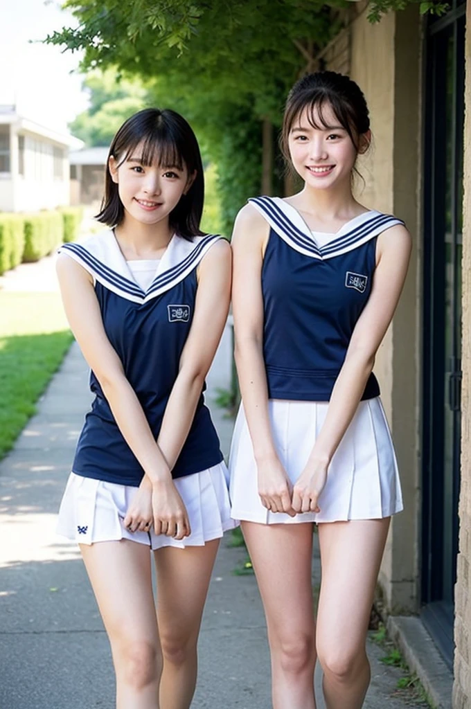 2 girls walking in sunny school corridor,wet navy blue school swimsuit with camisole white straps and white trim,18-year-old,bangs,a little smile,thighs,knees,wet short hair with low bunches,from beside,front light,BREAK,sailor shirt