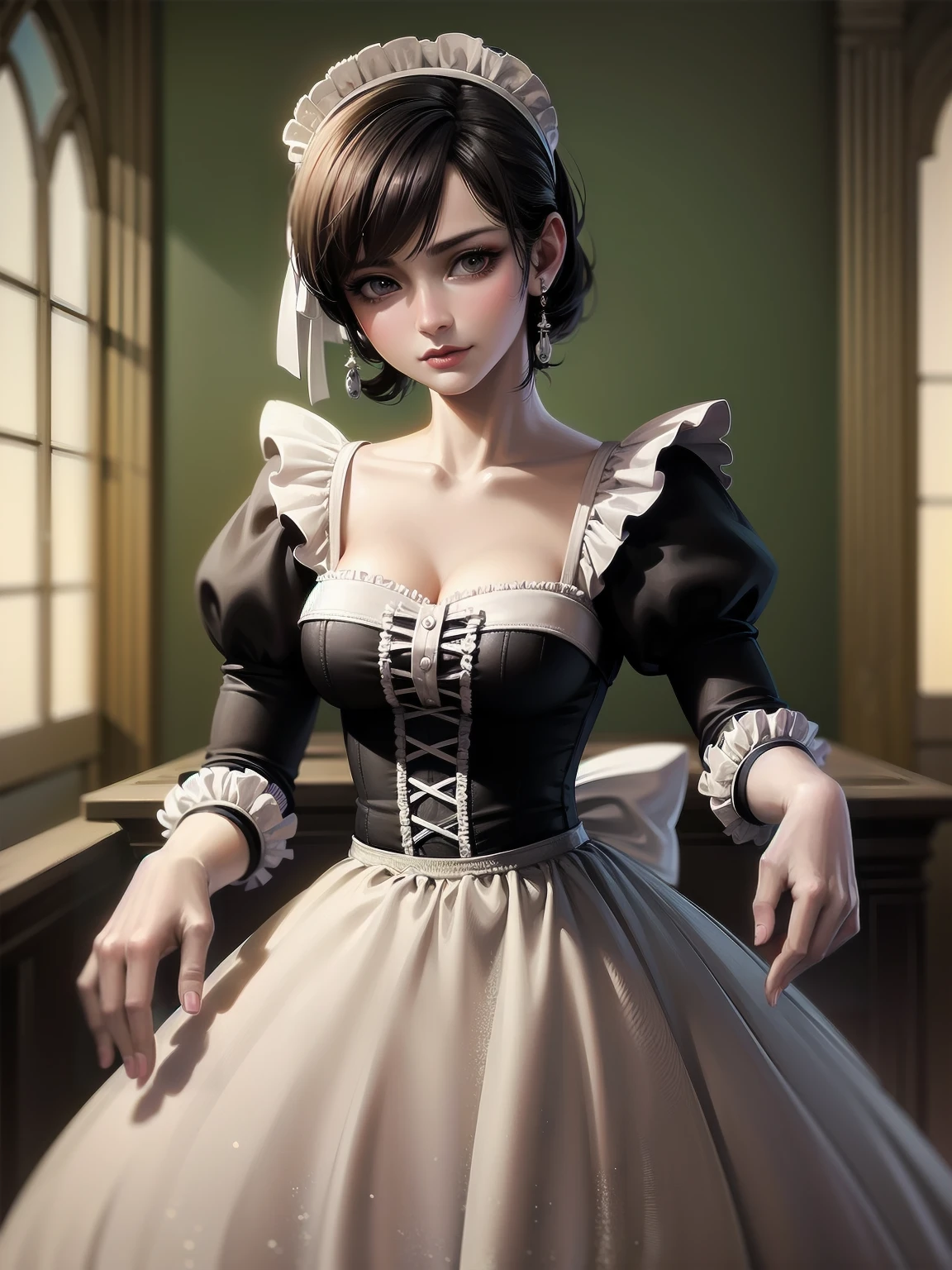 (Highest quality、16K、masterpiece、Ultra-high resolution、Victorian era、Photorealistic:1.2)、Maid Lady、solo、One person、Beautiful and detailed、202Perfectly detailed illustrations created by master anime illustrators of the 4th generation、Cool Beauty、Heroine's Attributes、Artistic shading、Perfect Face、Detailed portrait、