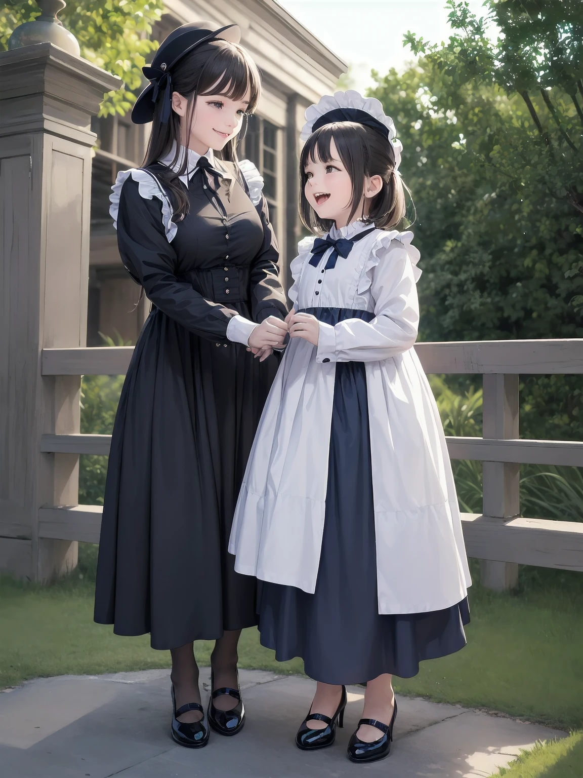 A serene outdoor scene unfolds at dusk, with a brilliant blue sky transitioning into a canvas of twinkling stars. A beautiful young girl, dressed in a stunning white and black gothic maid dress adorned with a navy blue ribbon, stands amidst lush green grass. Her companion, a delightful toddler, dons a charming maid hat with ruby accessories, complemented by black stockings and shoes. The little one beams with joy, smiling brightly as they gaze up at the celestial display together