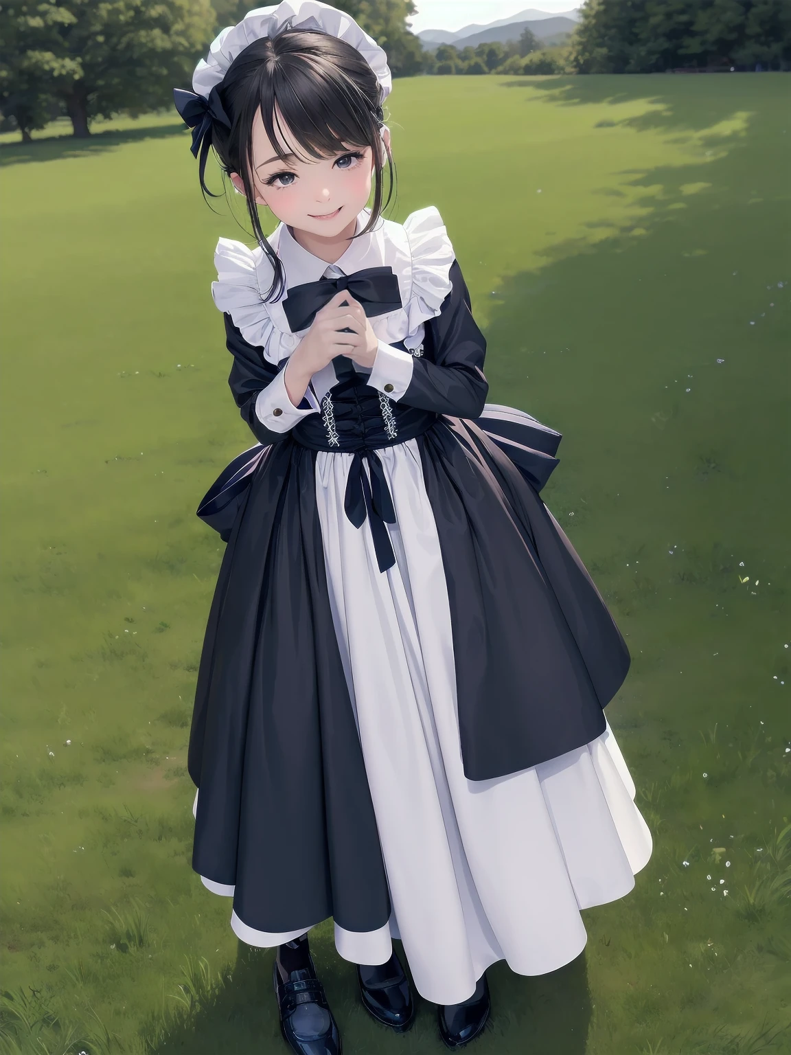 A serene outdoor scene unfolds at dusk, with a brilliant blue sky transitioning into a canvas of twinkling stars. A beautiful young girl, dressed in a stunning white and black gothic maid dress adorned with a navy blue ribbon, stands amidst lush green grass. Her companion, a delightful toddler, dons a charming maid hat with ruby accessories, complemented by black stockings and shoes. The little one beams with joy, smiling brightly as they gaze up at the celestial display together