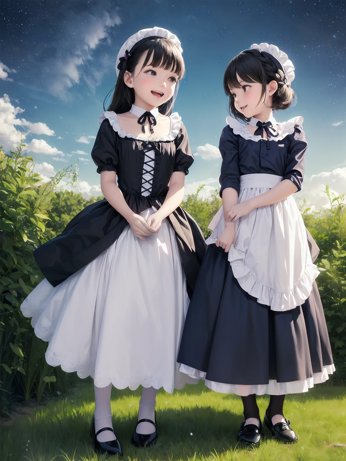 A serene outdoor scene unfolds at dusk, with a brilliant blue sky transitioning into a canvas of twinkling stars. A beautiful young girl, dressed in a stunning white and black gothic maid dress adorned with a navy blue ribbon, stands amidst lush green grass. Her companion, a delightful toddler, dons a charming maid hat with ruby accessories, complemented by black stockings and shoes. The little one beams with joy, smiling brightly as they gaze up at the celestial display together