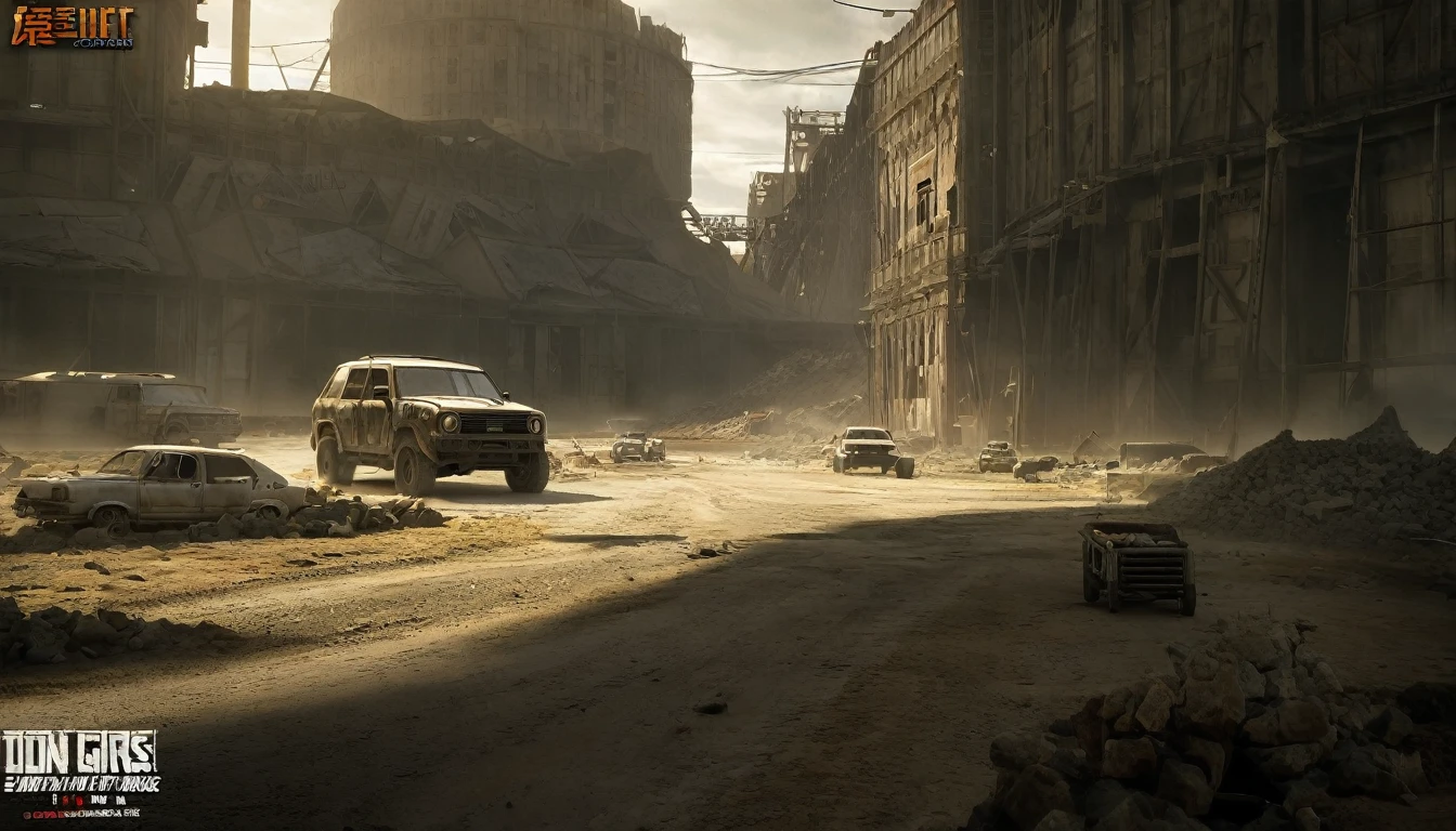 (Increase Contrast),Breathtaking graphics from the Attack on Titan universe, shooting various epic empty tracks for racing along rocky abandoned industrial post-apocalyptic roads on small cars from Mad Max against the backdrop of abandoned buildings and rocky terrain near industrial enterprises, creating an impression, that orcs live in this place,  breathtaking scenery, and impressive lighting effects, that create impressive visual experiences, cars eat very far, (orc huts) , Skull in the foreground , ((fallen building)) 