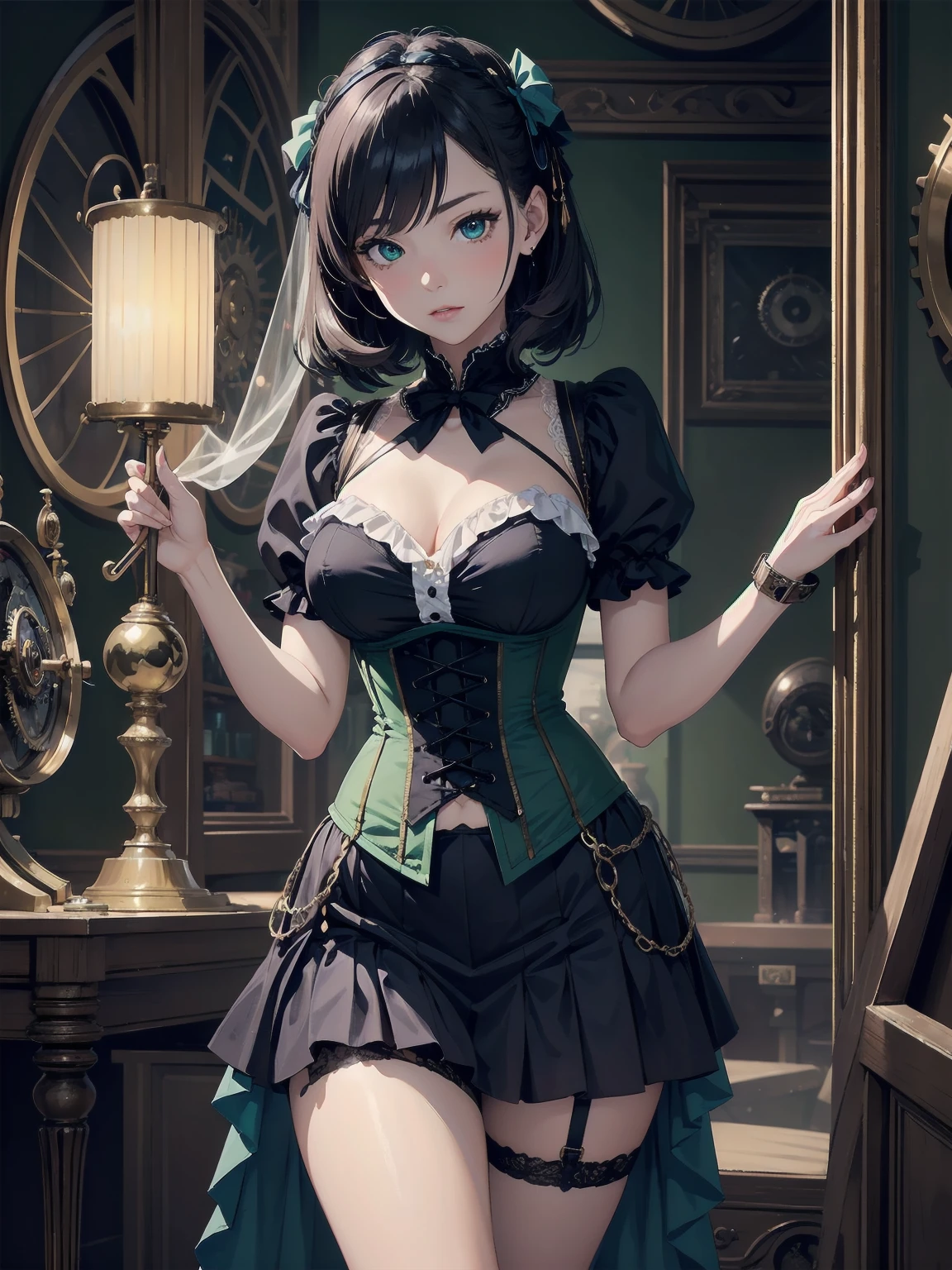 A whimsical Victorian-steampunk fusion portrait featuring Blake Akane Kurokawa as a kawaii protagonist. Set against a muted backdrop, she poses in front of an antique clockwork mechanism, surrounded by intricately crafted gears and cogs. Her dark blue-purple chibi hair falls in soft waves around her face, framing her bright green eyes. A delicate corset adorns her frame, accentuating her waist, while a voluminous skirt flows behind her like a misty veil. Lace, ruffles, and ribbons adorn the hem, adding a touch of femininity to this steampunk-inspired masterpiece.