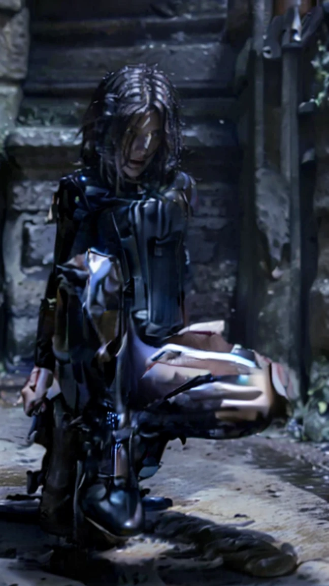 (masterpiece), best quality, expressive eyes, perfect face, underworld death dealer, underworld, Zipper, latex bodysuit, black hair, vampire fang, HD, sitting, leather corset, blue eyes, Kate beckinsale, British, gun, legs, wet, holster, leather boots, selfie, sweating slime, gloves, pink nipples, five fingers