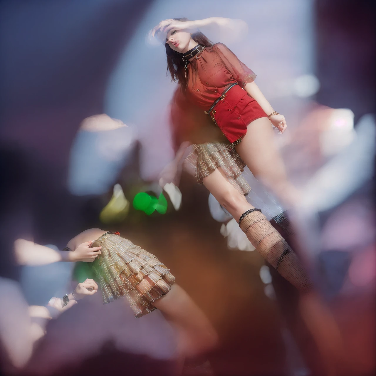 18-year-old female, baby face, RAW photo, bokeh, (realism: 1.4, realistic), high-definition CG unified 8K wallpaper, 1girl, ((slim body: 1)), (medium breasts: 2), return to the viewer, ((direct view from the front)), (HQ skin: 1.4), 8k UHD, DSLR, soft light, high quality, film grain, fujifilm XT3, ((uniform, micro mini skirt, Metal Choker, See-Through Shirt: 1.5)), ((Outdoor, in the Park))), ((Long Hair, Black Pantyhose, Medium: 1.2)), (Full Body Portrait: 1.2), (Viewers: 1.4), (Red High Heels: 1·2), (Full Body: 2)