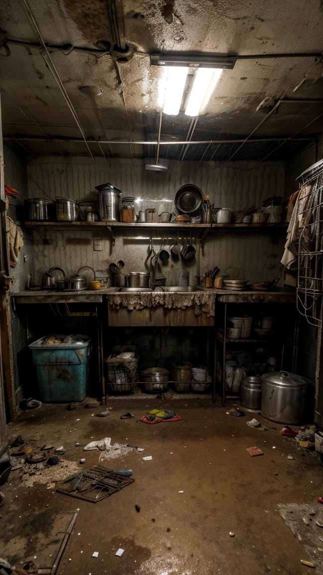 BACKGROUND A Post-apocalyptic kitchen, rusty and out of use appliances, Dirty countertops with rotten food remains, sink full of dirty dishes and stagnant water, closets with hanging doors, floor covered in trash and broken utensils, flickering fluorescent lights on the ceiling