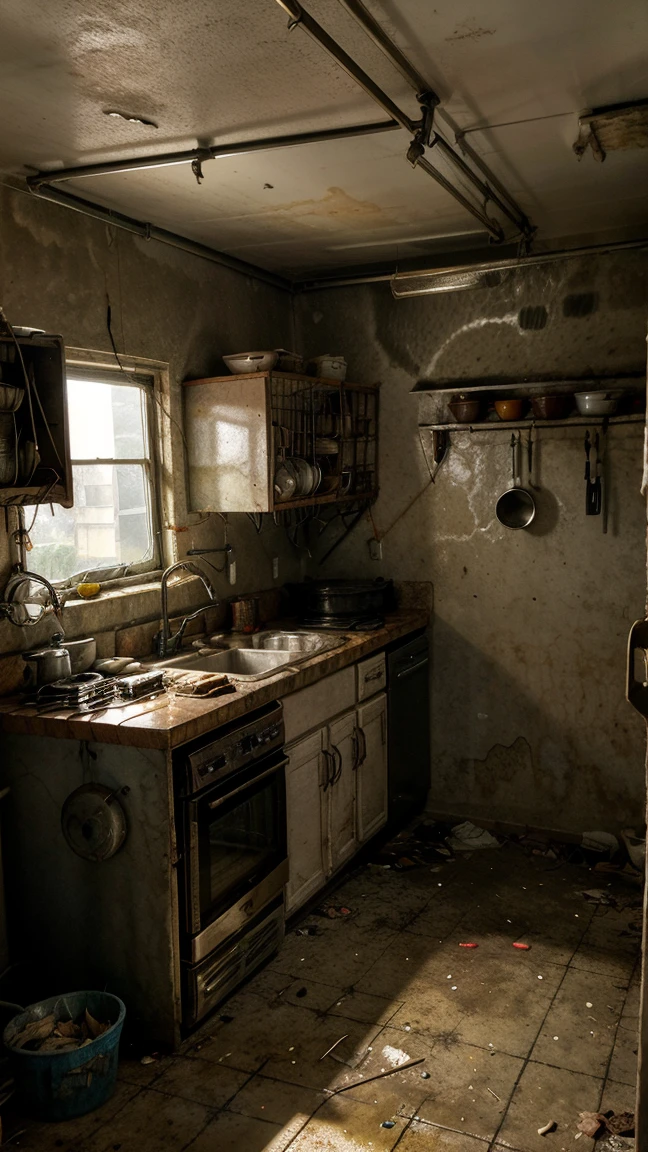 BACKGROUND A Post-apocalyptic kitchen, rusty and out of use appliances, Dirty countertops with rotten food remains, sink full of dirty dishes and stagnant water, closets with hanging doors, floor covered in trash and broken utensils, flickering fluorescent lights on the ceiling