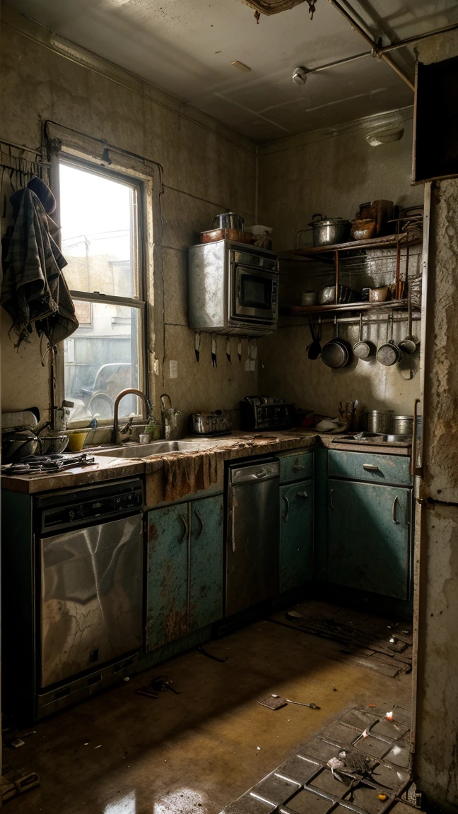  BACKGROUND A Post-apocalyptic kitchen, rusty and out of use appliances, Dirty countertops with rotten food remains, sink full of dirty dishes and stagnant water, closets with hanging doors, floor covered in trash and broken utensils, flickering fluorescent lights on the ceiling