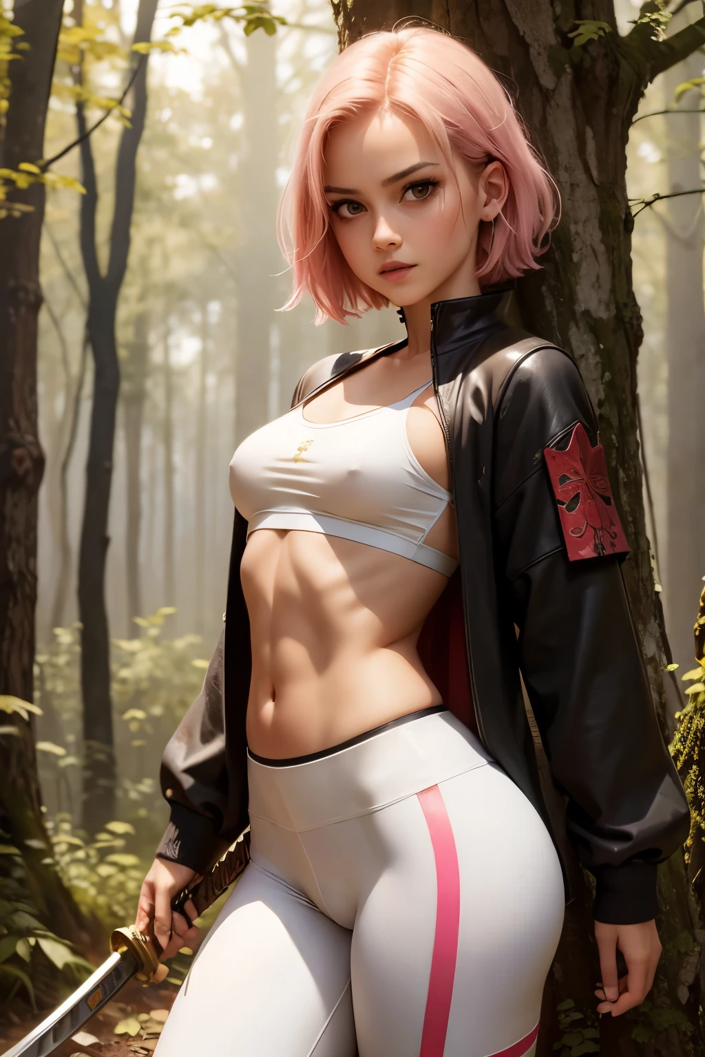 (masterpiece), realistic, ultradetailed face, expressive eyes, short pink hair, red eyes, medium breast, small torso, skinny fit body, fit ass, samurai_girl, black midriff, katana on hand,white leggings, field